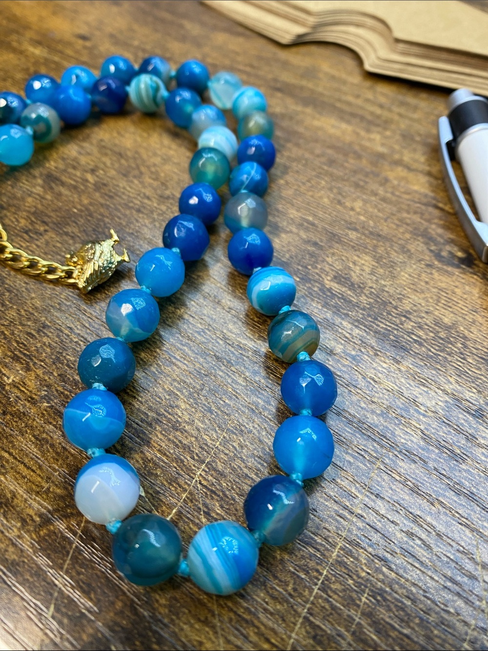 Blue Banded Agate Beaded Necklace 18 inch hand knotted Aprilsplace - Picture 3 of 5